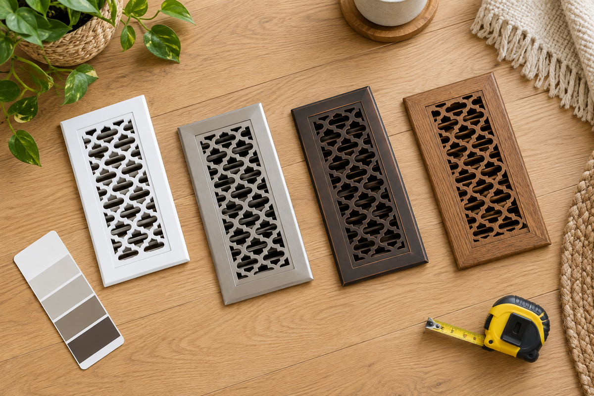 Flat lay of decorative air vent covers in different finishes on a wood floor with a tape measure