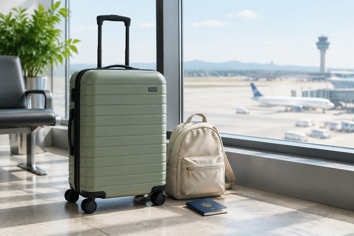 Modern carry-on suitcase by an airport window with a backpack and passport