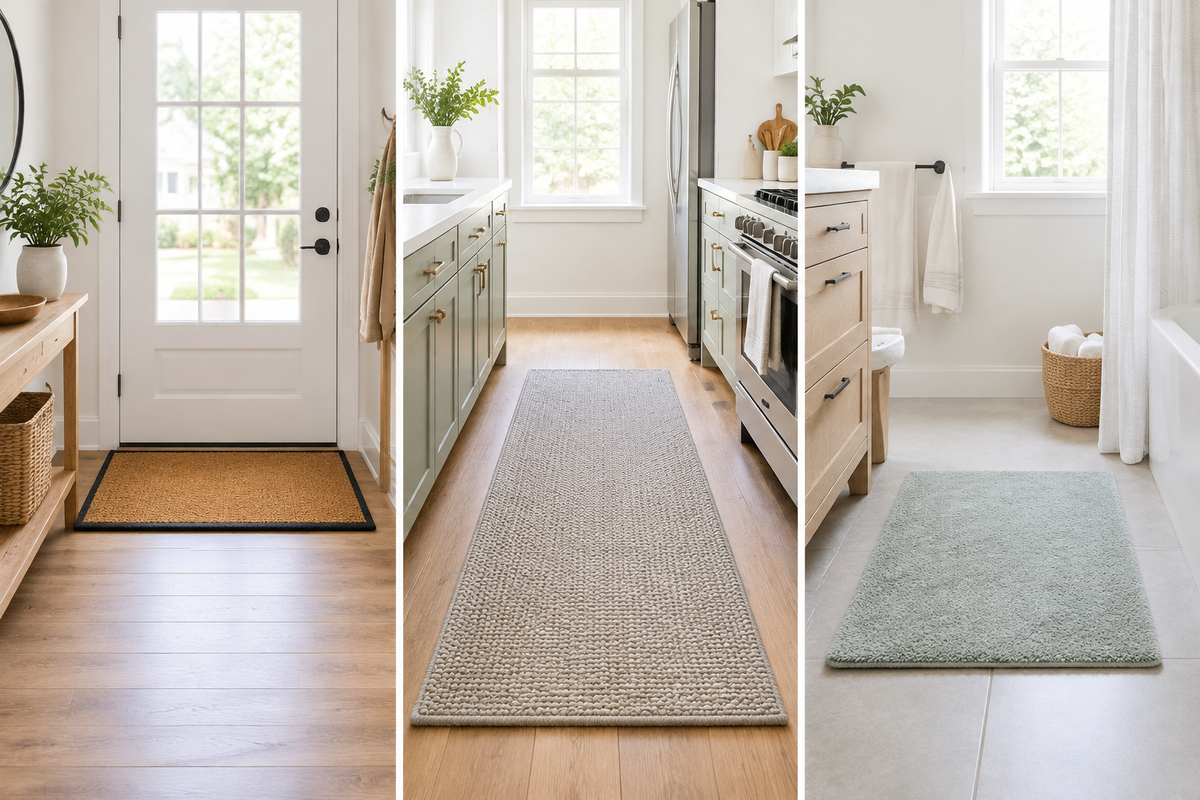 Bright home entryway and kitchen with durable floor mats