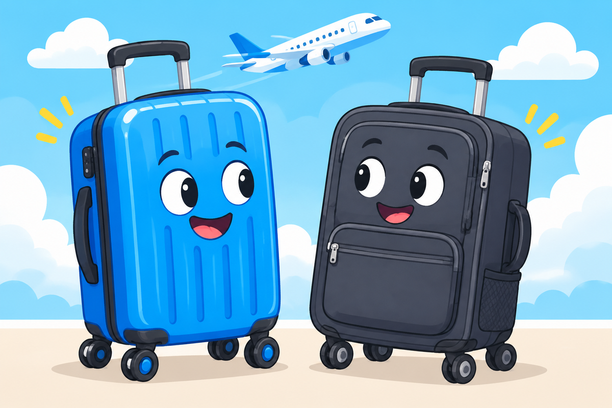Cartoon illustration of a hard-shell suitcase next to a soft-sided suitcase