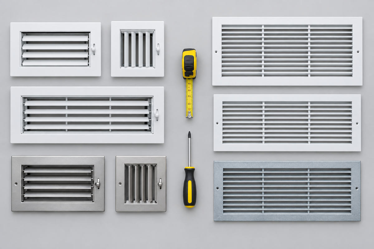 Flat lay of adjustable air vent registers and fixed return air grilles with a tape measure