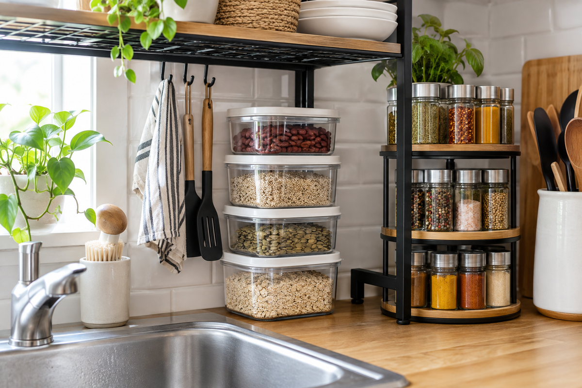 Close-up of a tidy small kitchen corner with a wall organizer, stackable containers and spice rack