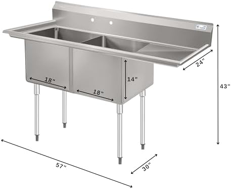 KoolMore 57 in. 16-Gauge 2-Compartment Commercial Sink - Image 3