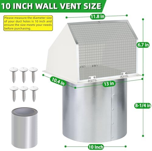 10 Inch Hooded Wall Vent with Screen and Damper, Outdoor Wall Exhaust Vent - Image 2