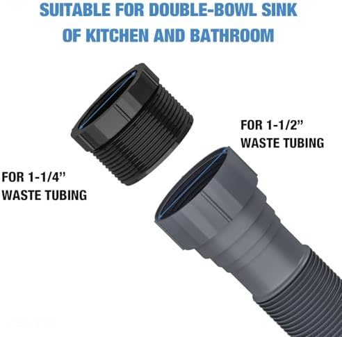 NiHome Double Kitchen Sink Drain Kit, Flexible P-Trap 1-1/2" 1-1/4" w/Tape - Image 2