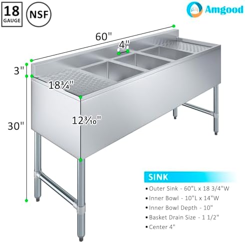AmGood 60 in. x 19 in. Three Bowl Commercial Underbar Sink - Image 3