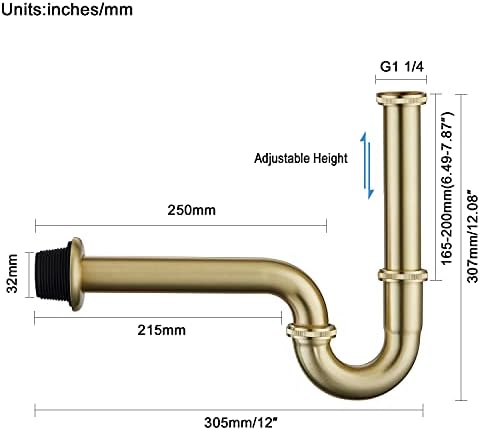 Bathroom Basin Sink U Shape Trap, Brass Core Adjustable Height 1-1/4 Bottle - Image 3