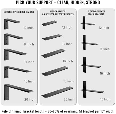 3/8" Thick Heavy-Duty Floating Shower Bench Brackets -18" L x 2.5" W Wall Mount - Image 2