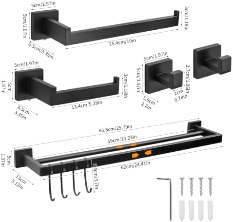 9 Piece Matte Black Bathroom Hardware Set, 24 Inch Double Towel Bar - Image 3