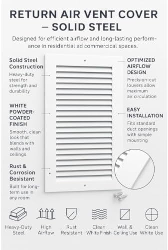 16x25 Air Return Vent Cover, Solid Steel White, 10 Pack - Image 3