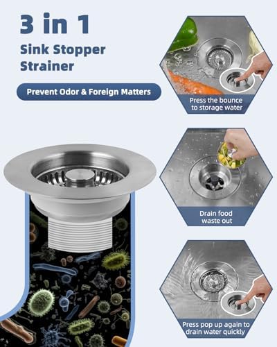 3-in-1 Kitchen Sink Strainer Stopper Combo, Universal Fit, All Metal - Image 4