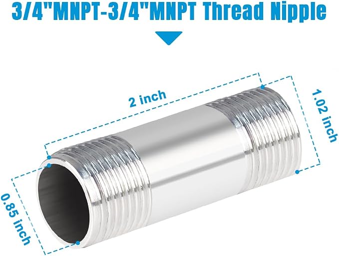 Quickun 304 Stainless Steel Nipple Pipe Fitting, 3/4" NPT x 3/4" NPT Male - Image 2