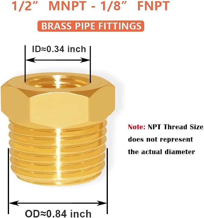 Hooshing 6PCS Brass Reducer Hex Bushing 1/2" NPT Male x 1/8" NPT Female | Heavy - Image 2