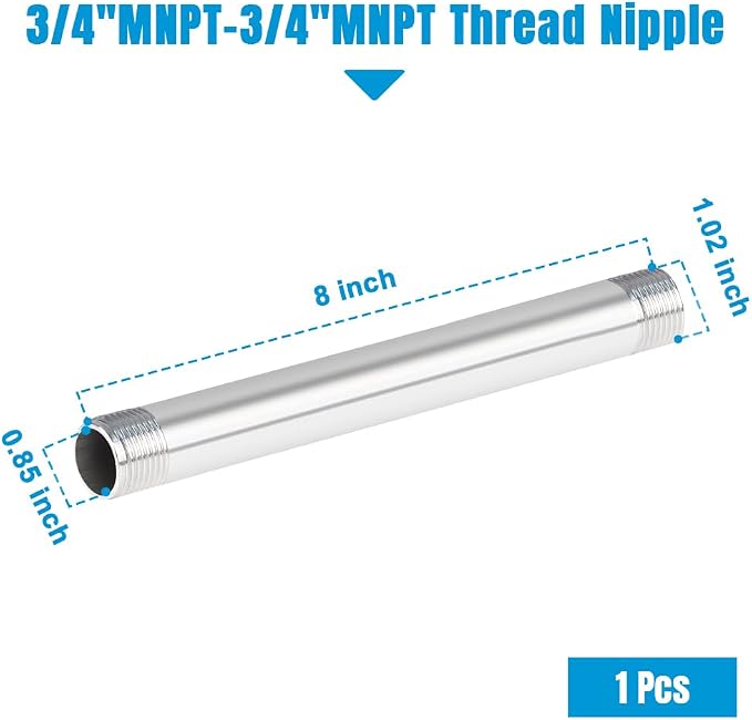 Quickun 304 Stainless Steel Nipple Pipe Fitting, 3/4" NPT x 3/4" NPT Male - Image 2