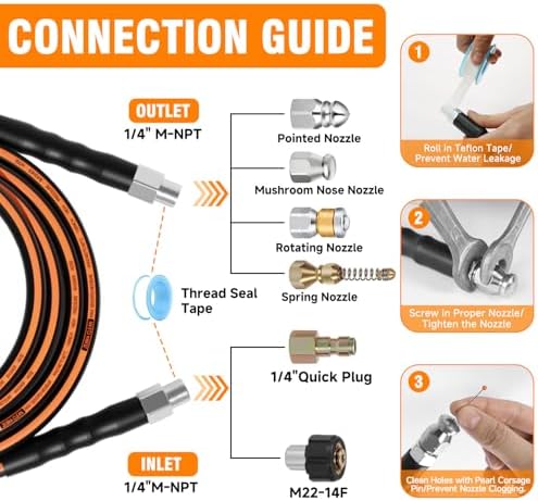 100FT Sewer Jetter Kit for Pressure Washer, 1/4" NPT Corner Drain Cleaner Hose - Image 2
