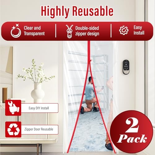 2- Pack Dust Barrier Plastic Zipper Door, 4 FT x 7.2 FT Heavy-Duty Door Dust - Image 2
