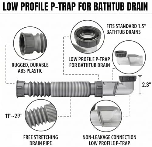 Low Profile 1-1/2 Inch Bathtub Shower Drain Pipe - Image 5
