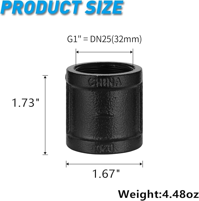 1" Black Pipe Coupling, 10 Pack 1" Malleable Iron Cast Threaded Pipe Fitting - Image 2