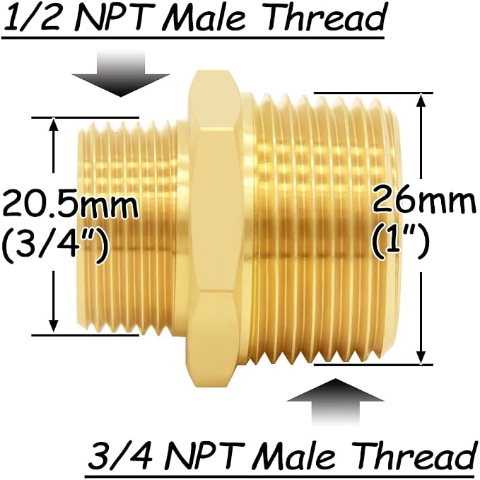 Uenede Brass 1/2" NPT Male to 3/4" NPT Male Reducer Adapter - Image 2