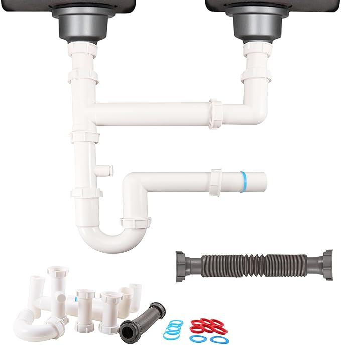Universal 1-1/2" Kitchen Sink Drain Kit, Space-Saving kitchen drain P-trap by QruiLanTu