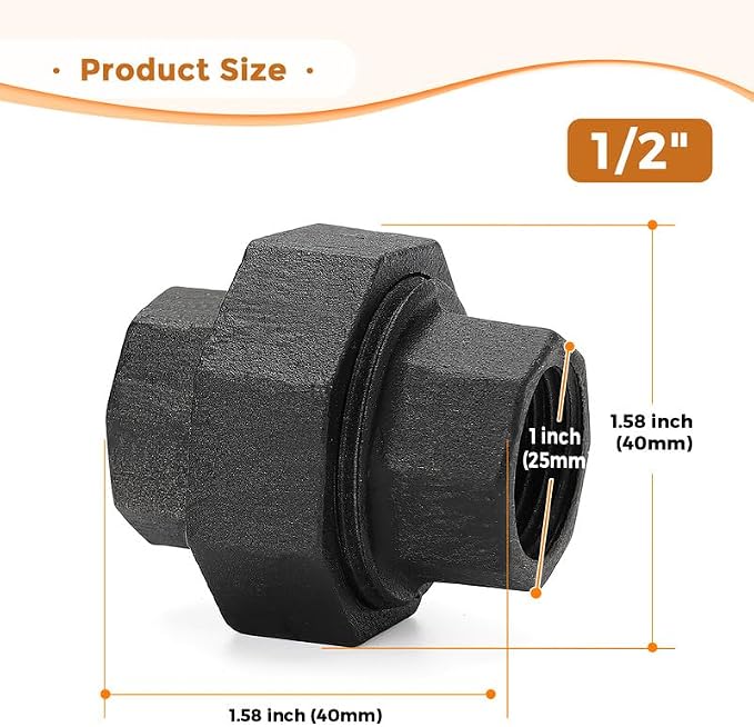 1/2" Black Pipe Fitting Union Home Expert 10 Pack | Malleable Cast Iron Pipe - Image 3