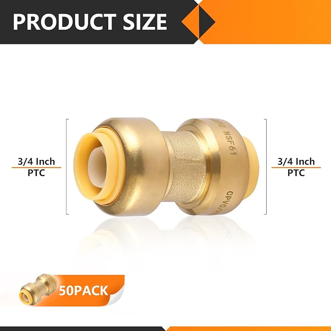 50PC HeSun Pushfit Coupling, 3/4"x3/4" Push to Connect Plumbing Fittings | - Image 2