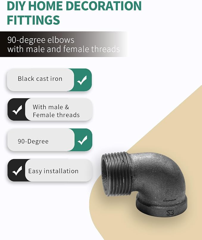 Black Cast Iron 90 Degree Elbow, Female to Male Pipe Fitting, 1 Inch Size - Image 4