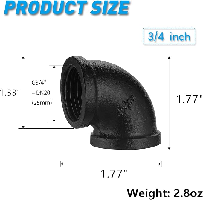3/4" Black Pipe Elbow, 10 Pack DN20 Threaded Cast Malleable Iron Pipe Fitting - Image 2
