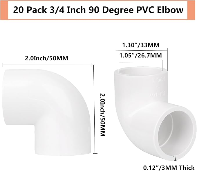 20 Pack 3/4" 90 Degree Elbow Pipe Fittings 2 Way Right Angle PVC Pipe Fitting - Image 2