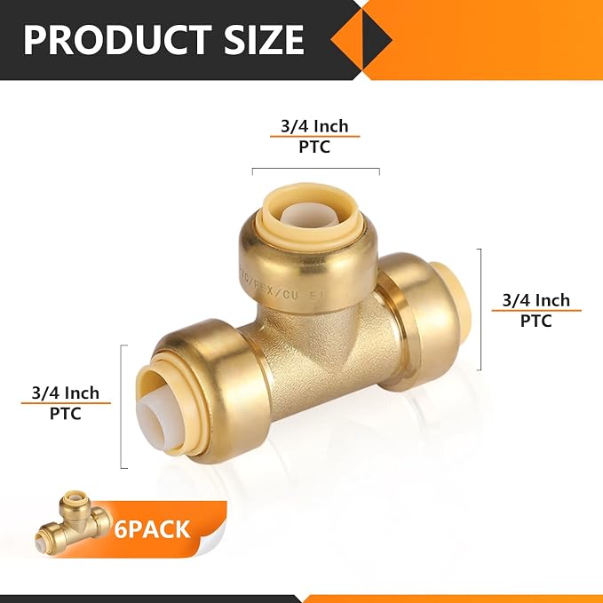 6PC HeSun 3/4" Pushfit Tee, Push to Connect Plumbing Fittings | Brass Push-fit - Image 2