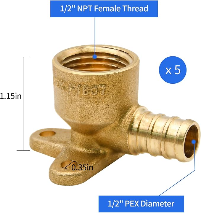 5 Pack Drop Ear Elbow Fittings, PEX 1/2" x 1/2" NPT Female Threaded Adapter - Image 2