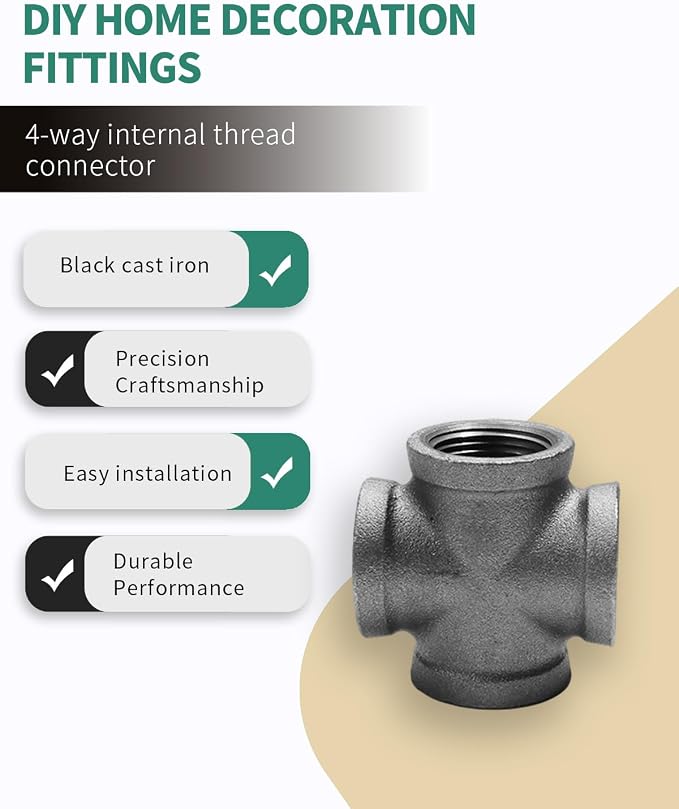 Black Cast Iron Cross Fitting 3/4" Female Thread, 4 Way Industrial Pipe - Image 5