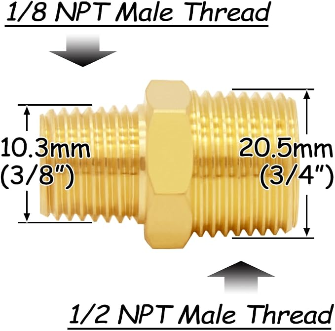 Uenede Brass 1/8" NPT Male to 1/2" NPT Male Reducer Adapter - Image 2