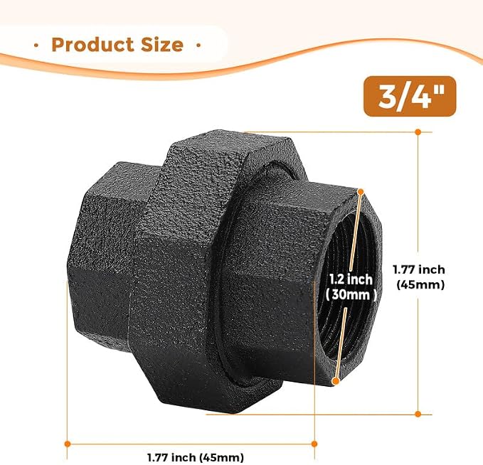 3/4" Black Pipe Fittings Union Home Expert 4 Pack | Malleable Cast Iron Pipe - Image 3