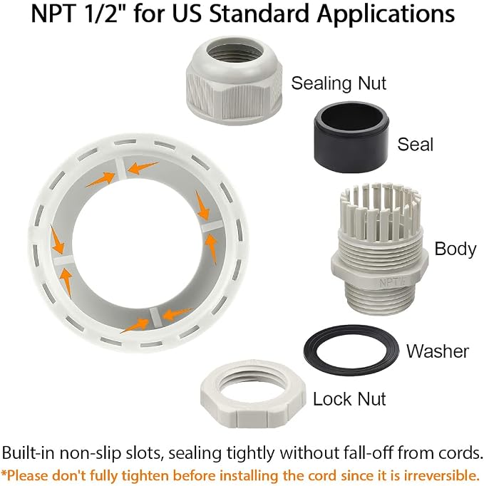 5 Pack NPT 1/2" Cable Glands Waterproof Adjustable 6-12mm Cable Connectors Grey - Image 4