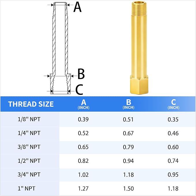 ChillWaves Brass Pipe Fitting, Long Nipple Pipe 3/8" NPT Male x 3/8" NPT Female - Image 2