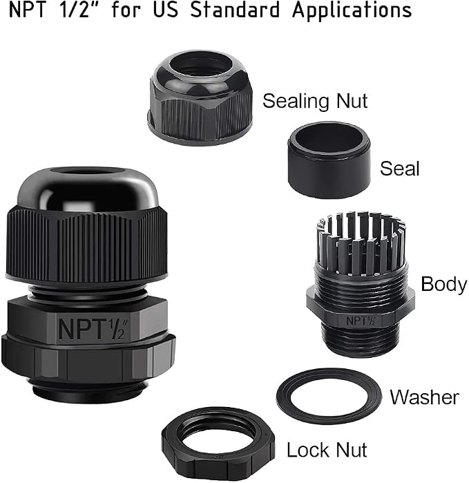 100 Pack NPT 1/2" Cable Glands Waterproof Adjustable 6-12mm Cable Connectors - Image 3