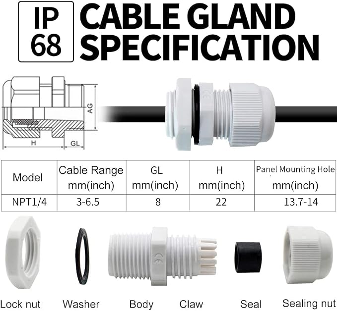 12-Pack 1/4" NPT Cable Glands, IP68 Waterproof Nylon PA66 Strain Relief Cord - Image 2