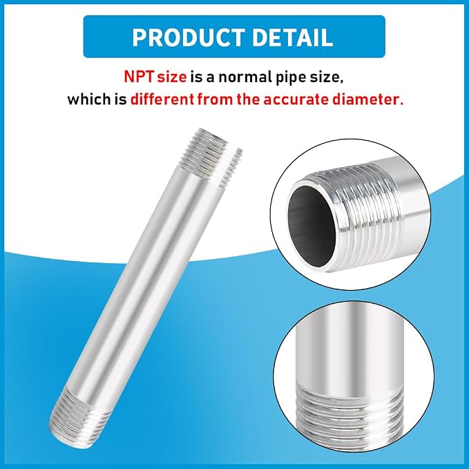 Quickun 304 Stainless Steel Nipple Pipe Fitting, 1/2" NPT x 1/2" NPT Male - Image 4