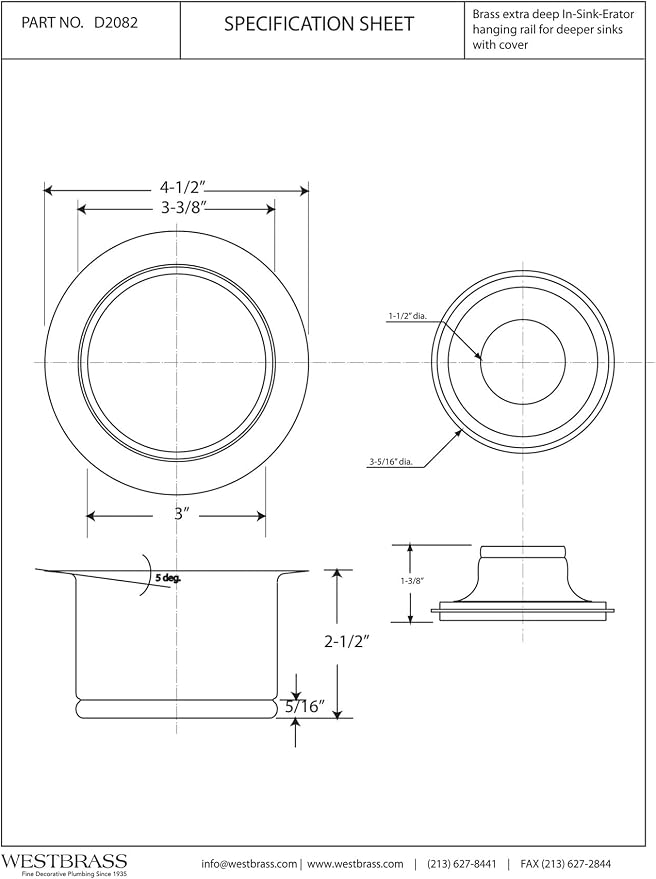 Westbrass D2082-07 3-1/2" Extra-Deep Collar Kitchen Sink Waste Disposal Flange - Image 2