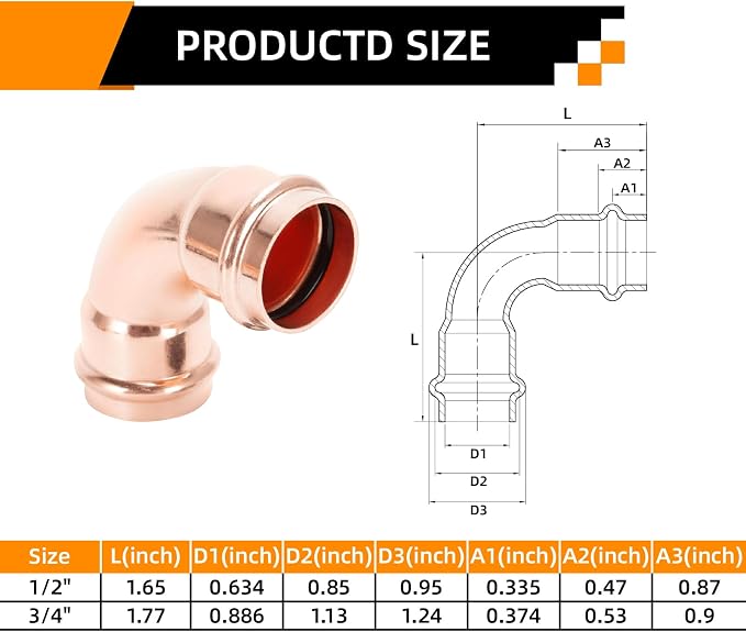 3/4" 90 Degree Copper Press Fittings Elbow - Image 2
