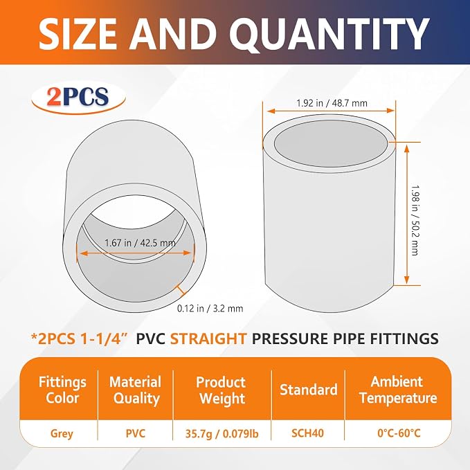 2PCS 1-1/4" Gray PVC Pipe Coupling Adapter Pipe Fittings Slip Socket PVC - Image 2