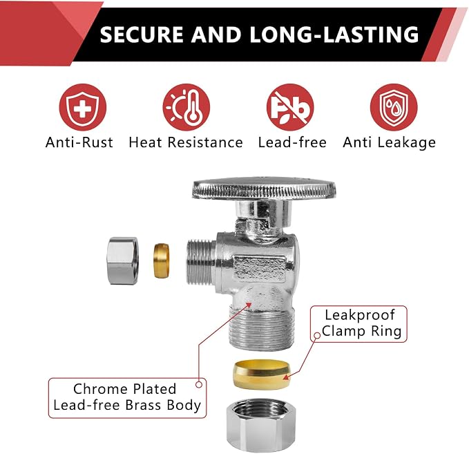 20PCS EFIELD Angle Stop Valve 1/2" Nominal Compression x 3/8" OD | 1/4 Turn - Image 5