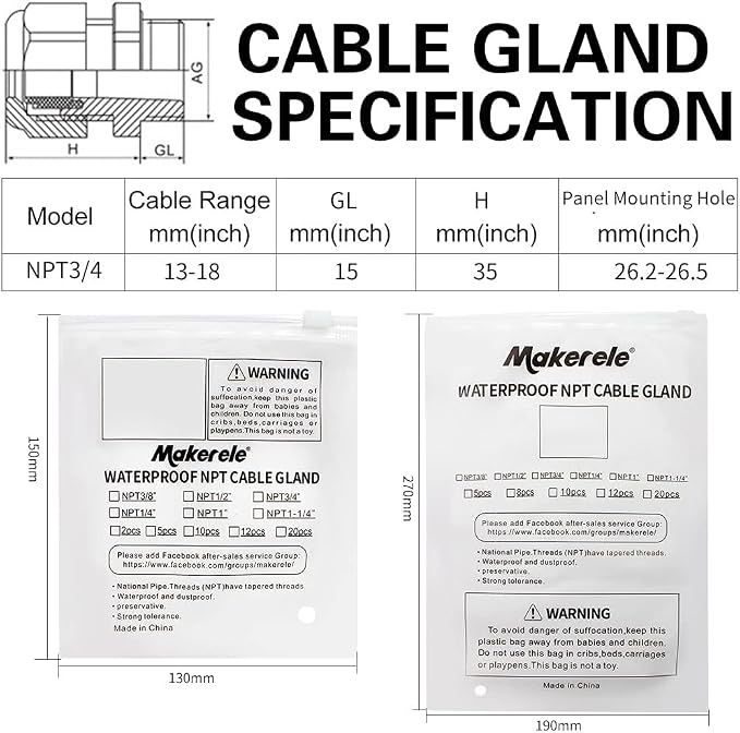MAKERELE Nylon Waterproof 3/4'' NPT Cable Gland Strain Relief IP68 | 3/4 Inch - Image 7