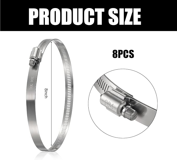 Boao Adjustable 304 Stainless Steel Duct Clamp Hose Clamp, 8 Pieces, 8 Inch - Image 2