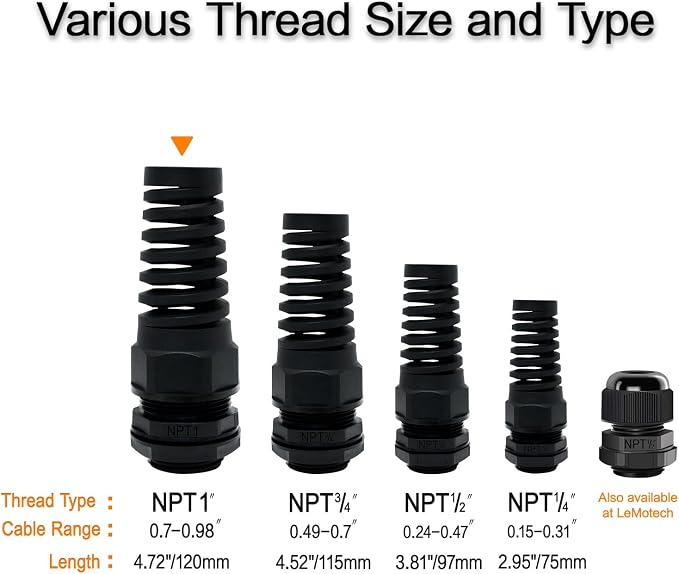 5Pcs NPT 1" IP68 Waterproof Cable Gland Flex Spiral Strain Relief Black Nylon - Image 5