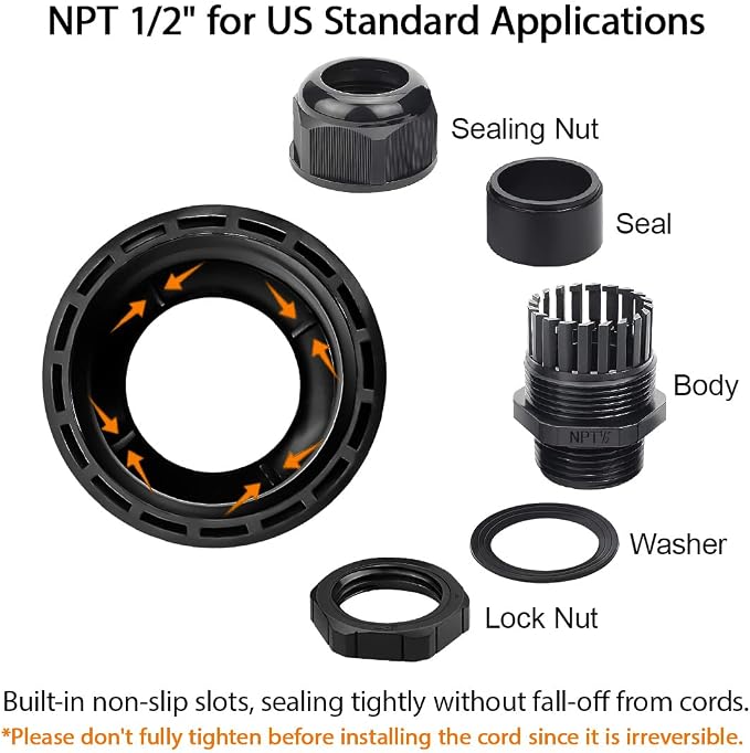 20 Pack NPT 1/2" Cable Glands Waterproof Adjustable 6-12mm Cable Connectors - Image 4