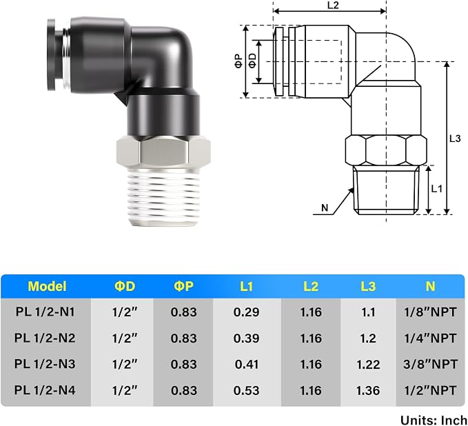 TAILONZ 1/2" x 1/2" NPT Push to Connect Elbow Fitting 2pcs | Copper&Plastic - Image 2