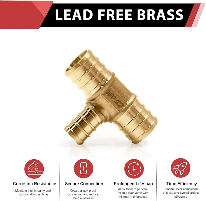 10PC EFIELD Barb Pex 3/4" x 3/4" x 1/2" Reducing Tee Brass Crimp Fittings | - Image 3