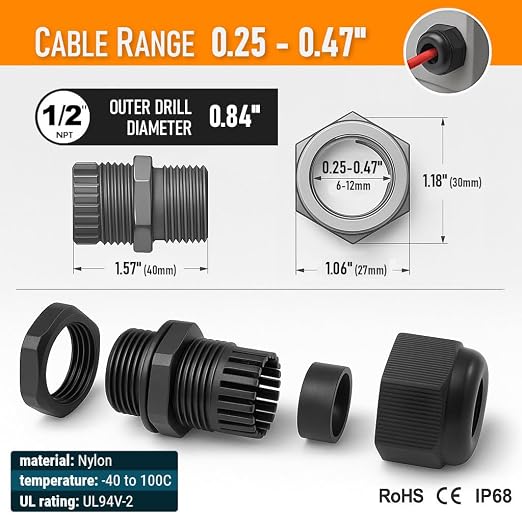 1/2" NPT Strain Relief Nylon Cord Grip Cable Glands - Image 6